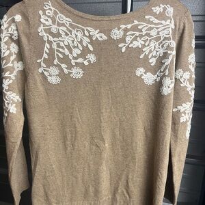 Women's Tan Sweater with White Embroidery